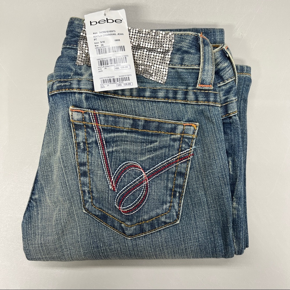 Vintage Bebe Kayla Distressed Flare Leg Chainmail Jean - Picture 2 of 16